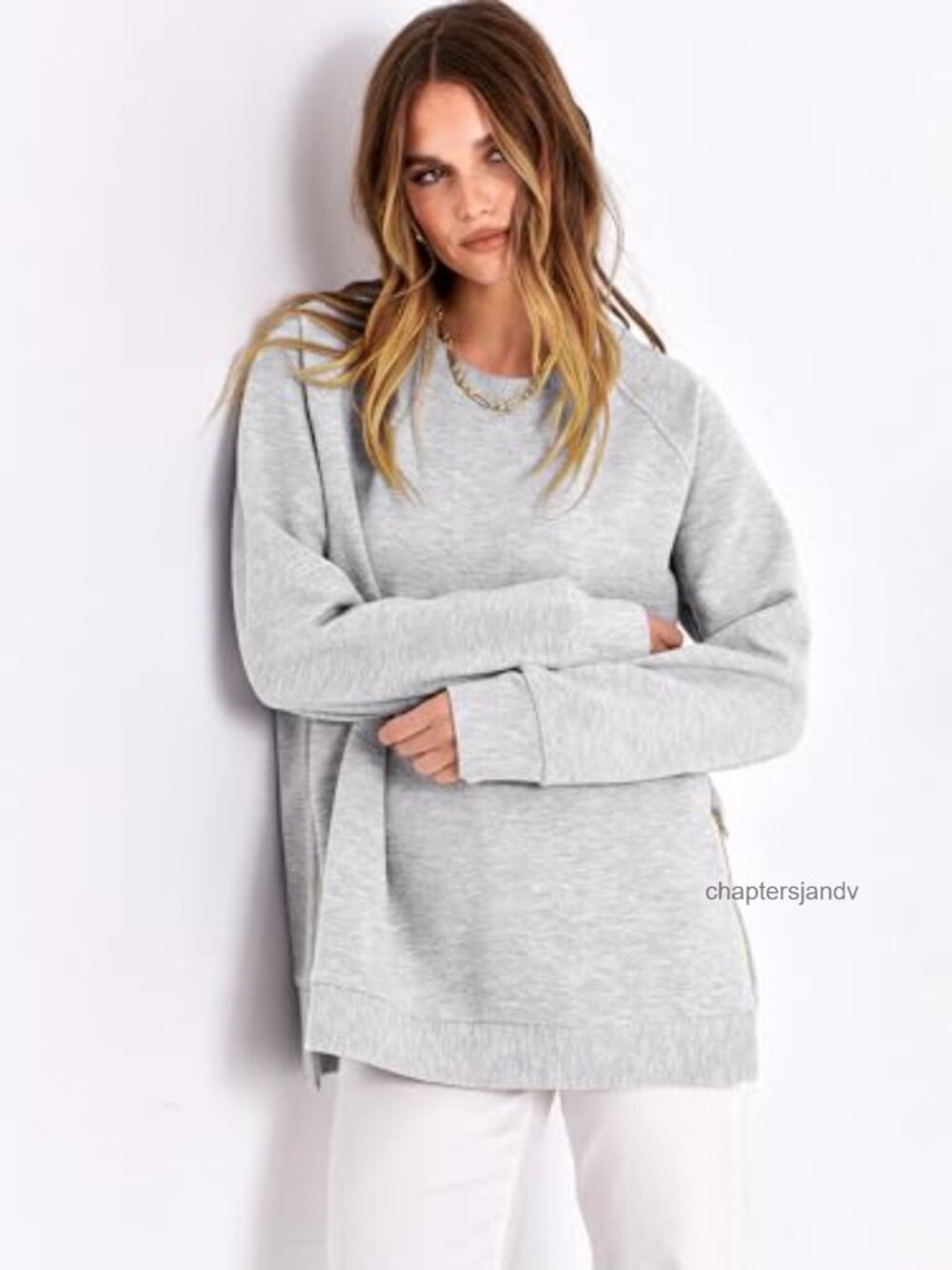 Oversized Crewneck Tunic Sweatshirt Side Zip Long Sleeve Relaxed Fit - Picture 5 of 6